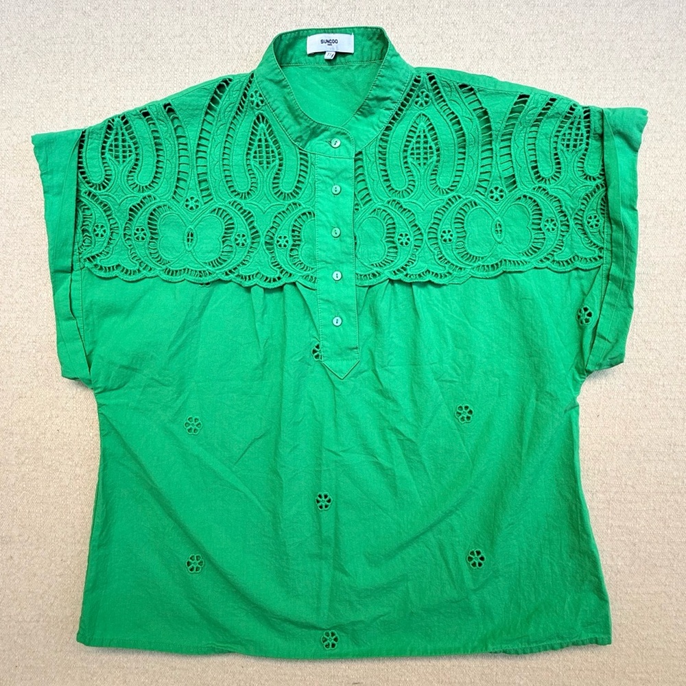 Suncoo Paris Ludy Green Embroidered Blouse Top Button Up Cotton Short Sleeve T1
